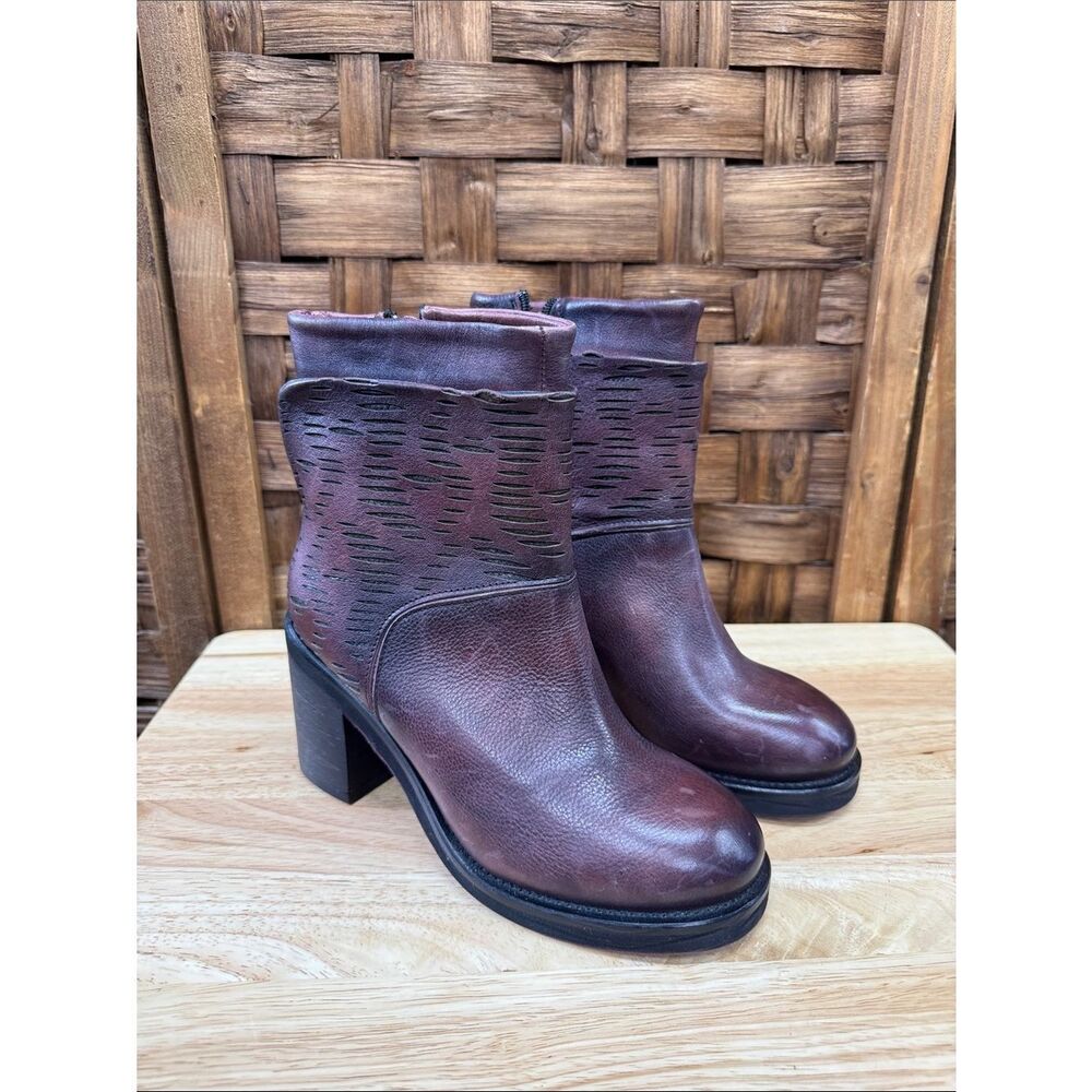 Women's Burgundy Leather Block-Heel Ankle Boots